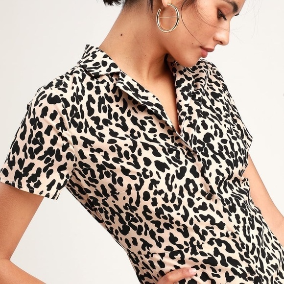 LULUS Ashlyn Taupe Leopard Print Midi Shirt Dress size Medium NWOT - Picture 5 of 14
